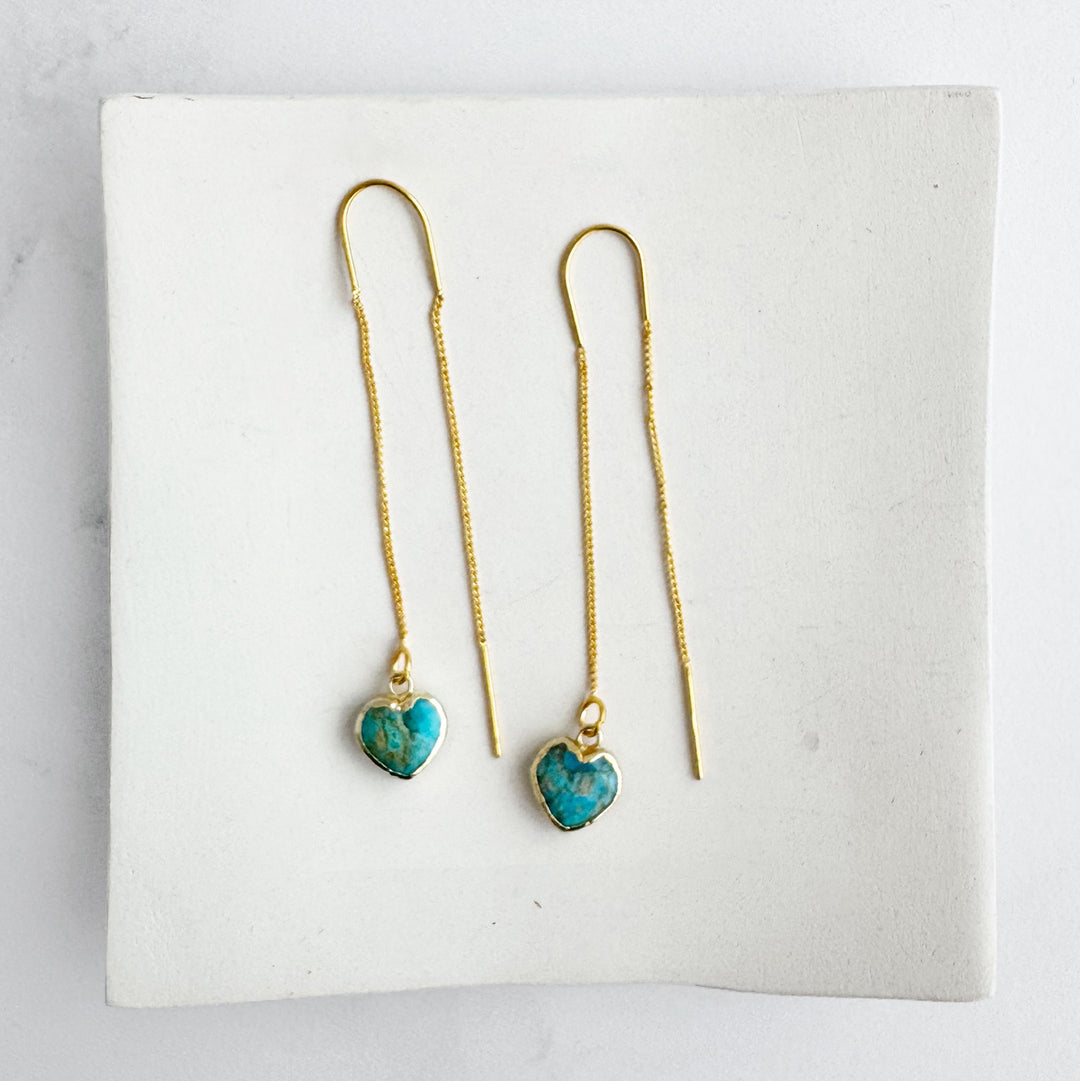 Turquoise Heart Drop Threader Earrings in Gold