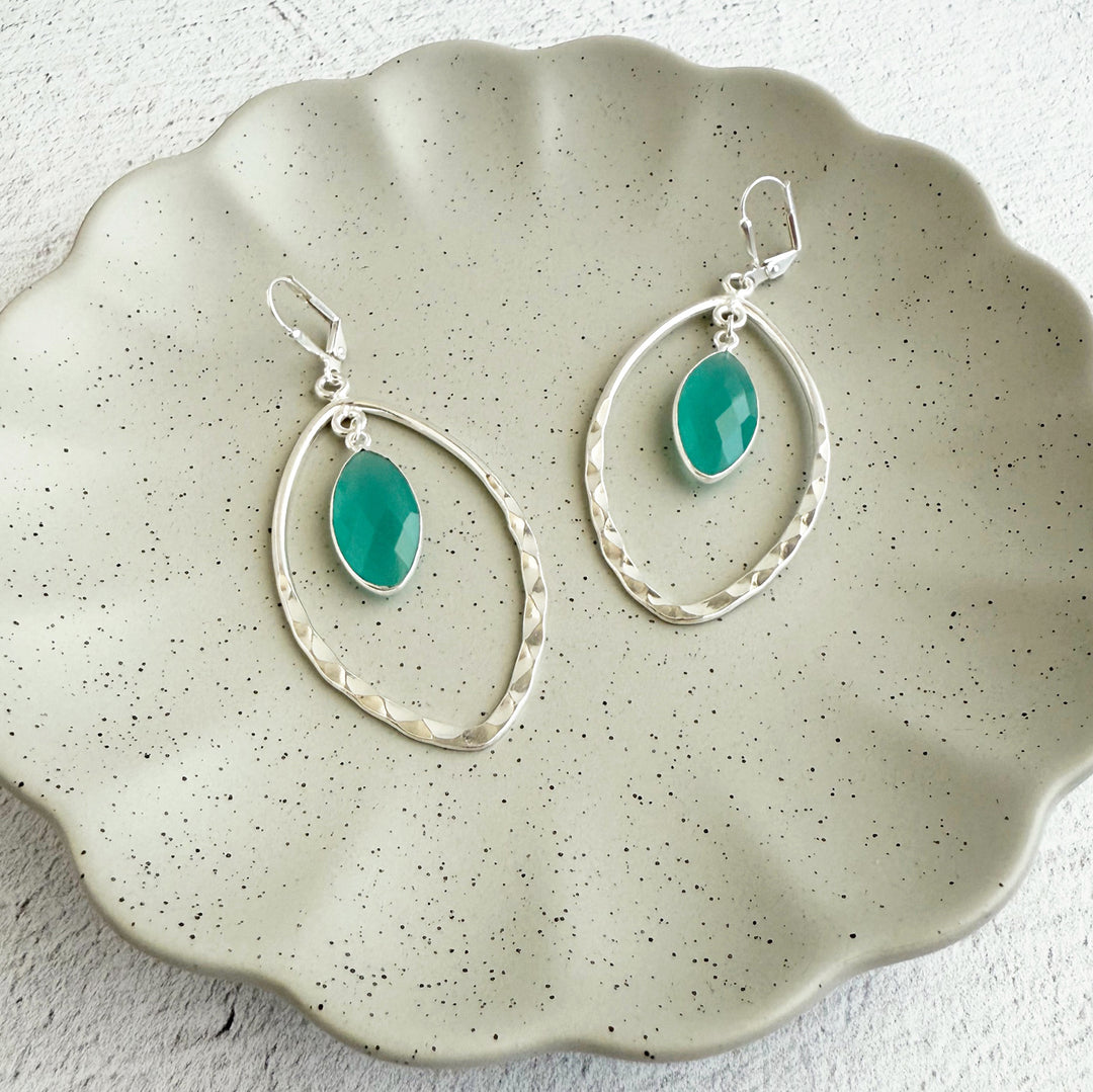 Aqua Chalcedony and Hammered Marquise Dangle Earrings in Silver