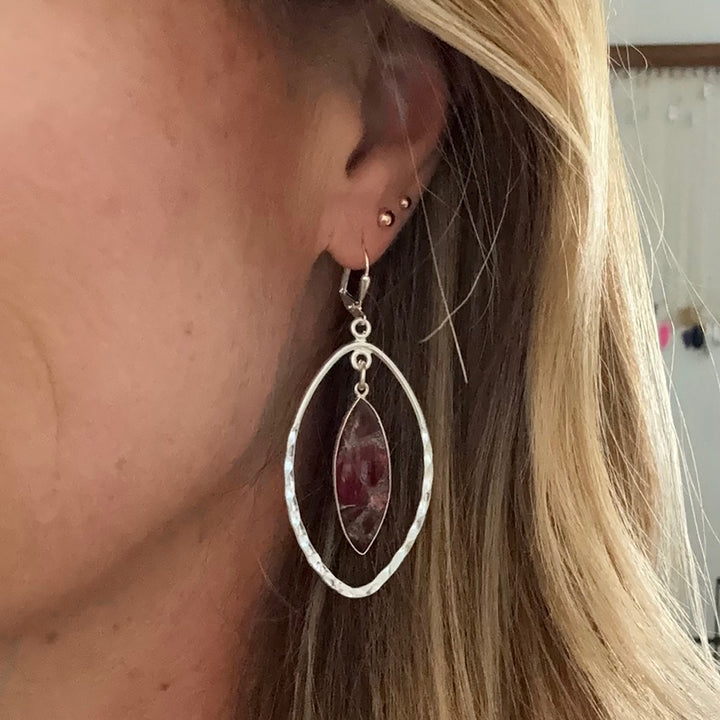 Burgundy Mojave Hammered Marquise Dangle Earrings in Silver