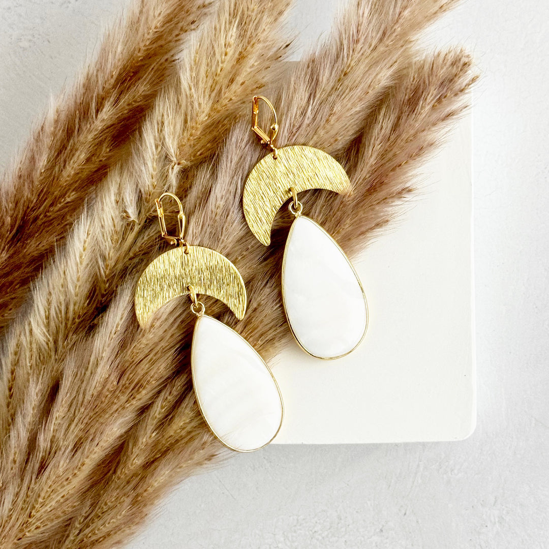 Large White Shell Crescent Dangle Earrings in Brushed Gold