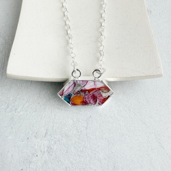 Pink Oyster Turquoise Rhombus Pendant Necklace on on Sterling Silver Chain.