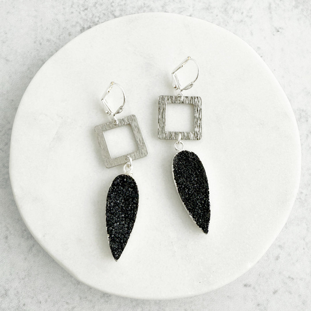 Black Druzy Teardrop and Square Dangle Earrings in Brushed Silver