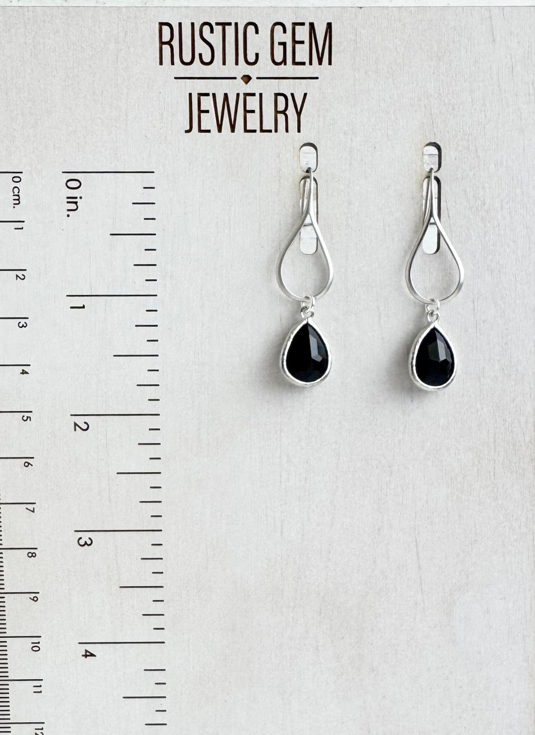 Black Stone Drop Earrings on Teardrop Earwires in Silver