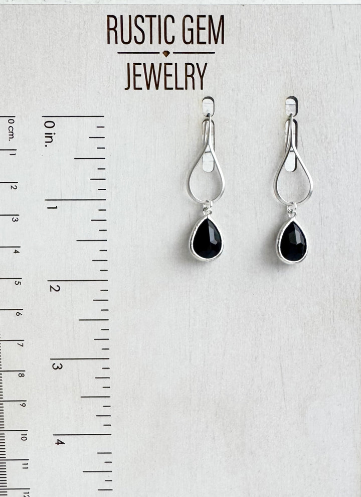Black Stone Drop Earrings on Teardrop Earwires in Silver