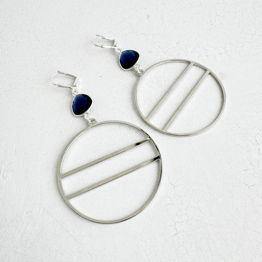 Geometric Hoops with Blue Lolite Stones in Gold and Silver