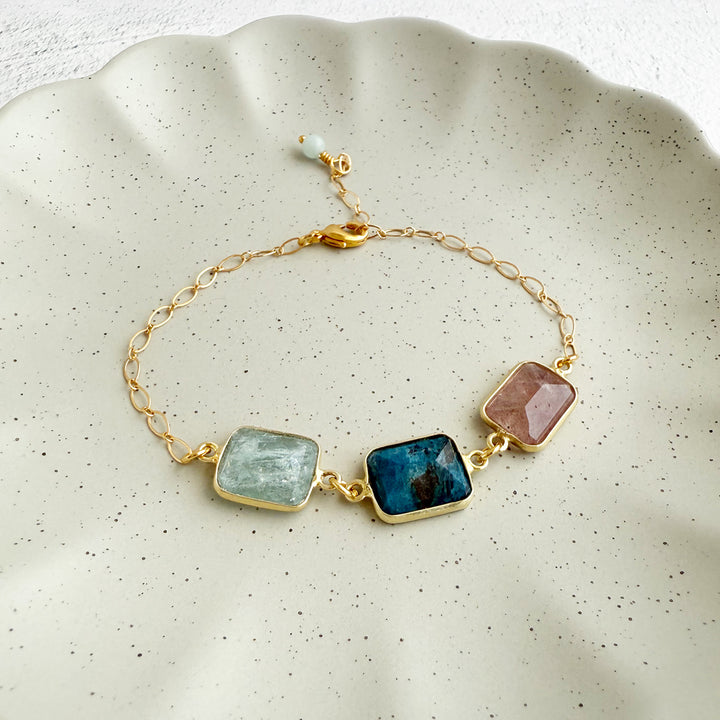 Triple Jewel Bracelet in Gold with Strawberry Quartz, Aquamarine and Ruby Zoisite
