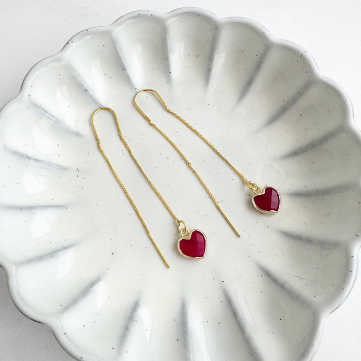 Fuchsia Chalcedony Heart Drop Threader Earrings in Gold