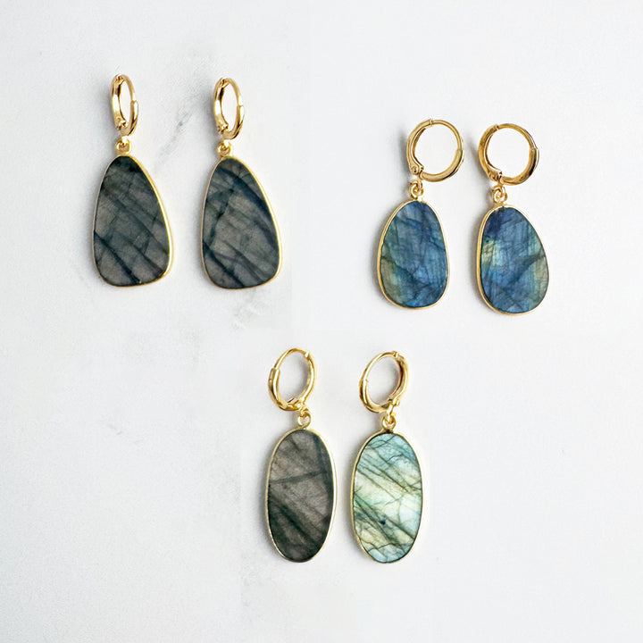 Statement Gemstone Slice Drop Earrings in Gold - Labradorite