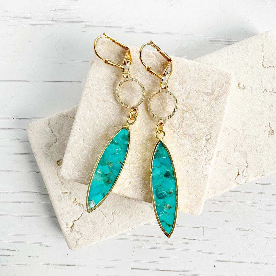 Turquoise Circle Dangle Earrings in Brushed Gold