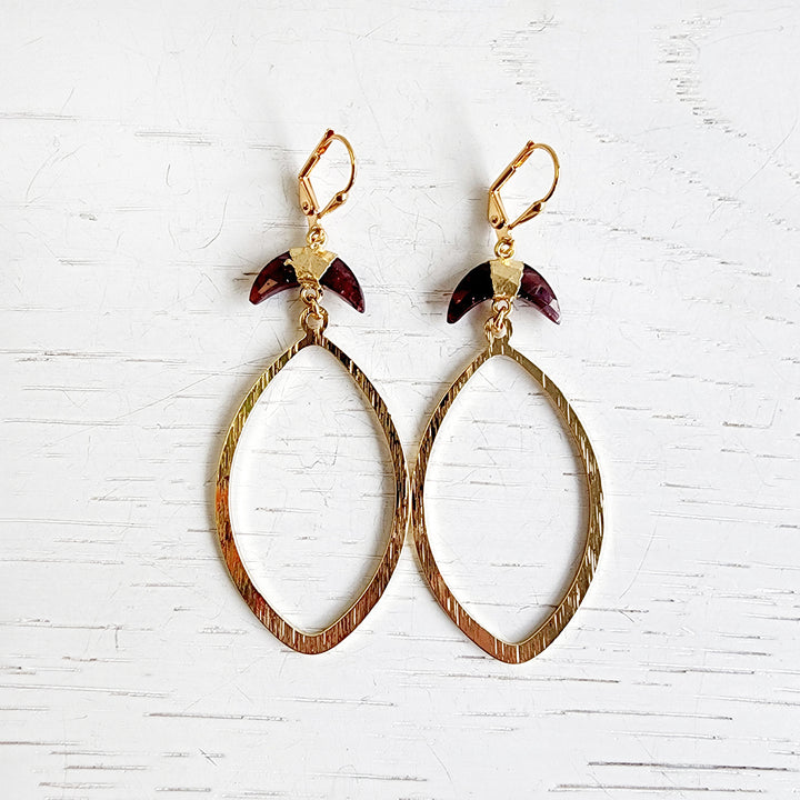 Garnet Crescent and Marquise Earrings in Brushed Gold