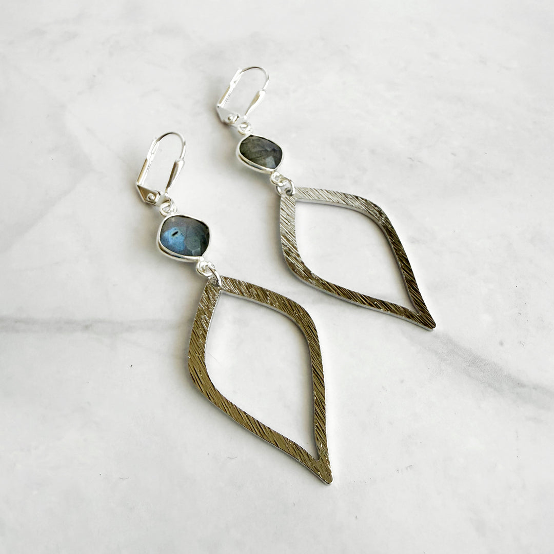 Labradorite Halo Drop Dangle Earrings in Brushed Silver