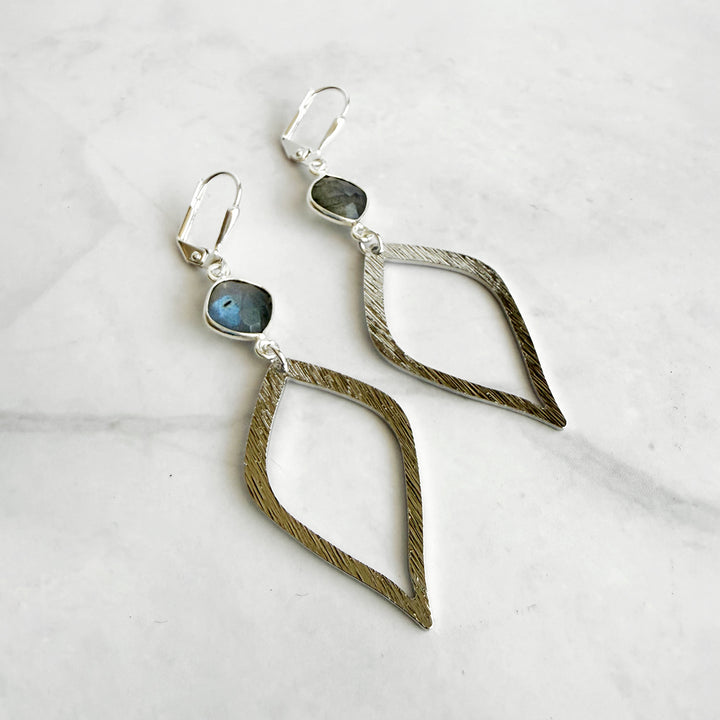 Labradorite Halo Drop Dangle Earrings in Brushed Silver