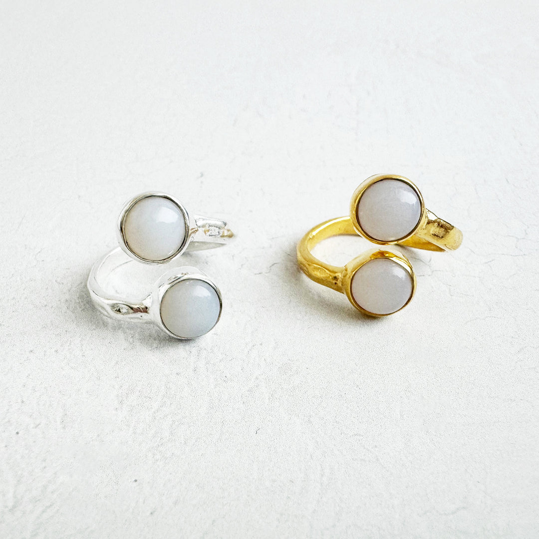 Double Moonstone Hammered Wrap Ring in Gold and Silver