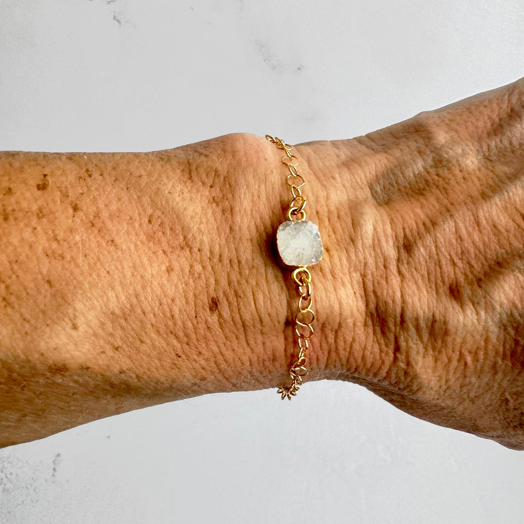 White Druzy Adjustable Chain Bracelet in 14k Gold Filled