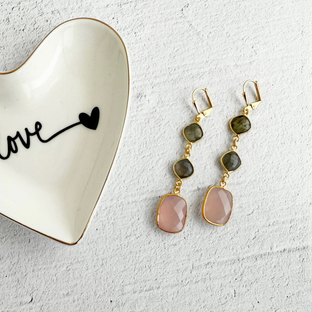 Long Gemstone Drop Earrings in Gold with Pink Chalcedony and Labradorite