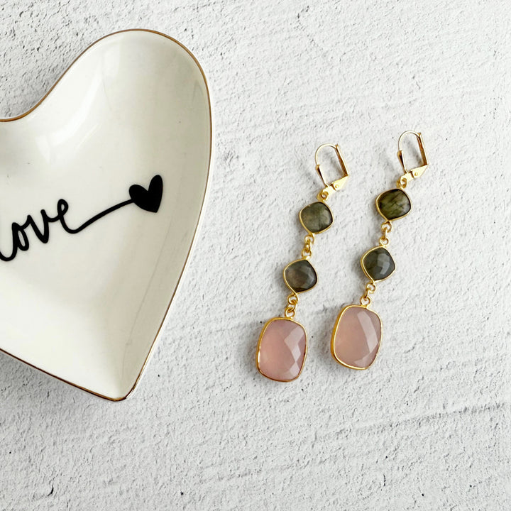 Long Gemstone Drop Earrings in Gold with Pink Chalcedony and Labradorite