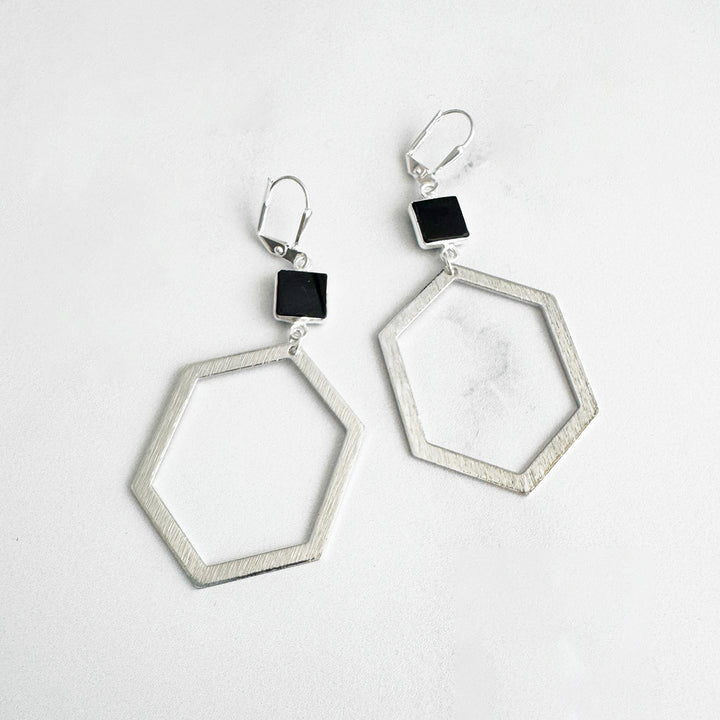 Black Onyx Hexagon Earrings in Brushed Silver