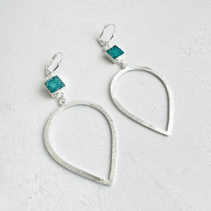 Teal Druzy Inverted Teardrop Earrings in Brushed Silver