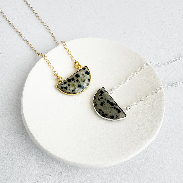 Small Dalmation Jasper Half Moon Crescent Necklace in Gold and Silver