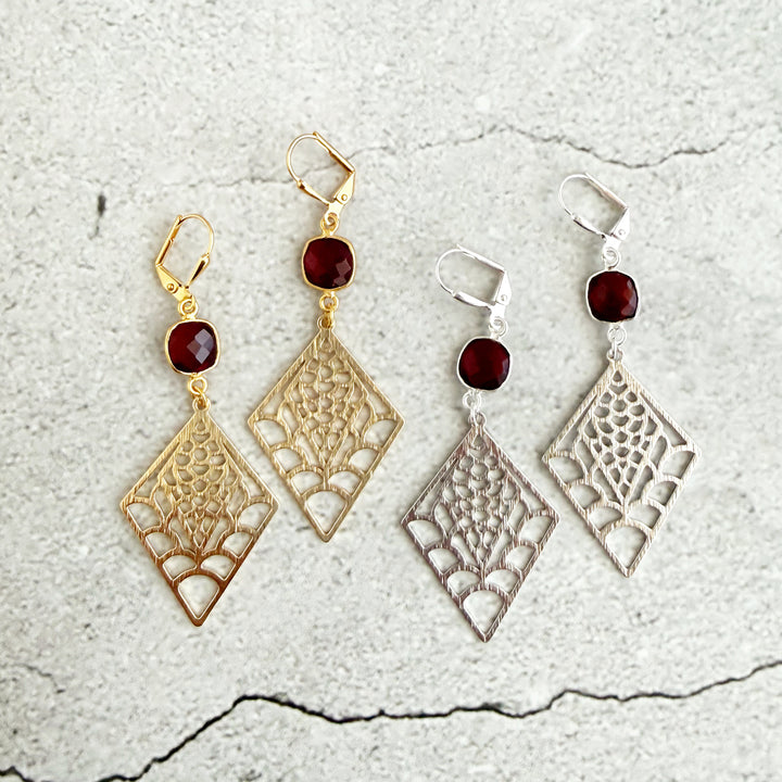 Garnet and Webbed Diamond Dangle Earrings