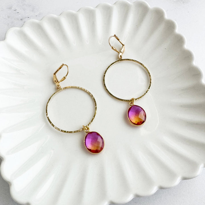 Pink Orange Aura Quartz Hoop Dangle Earrings in Gold