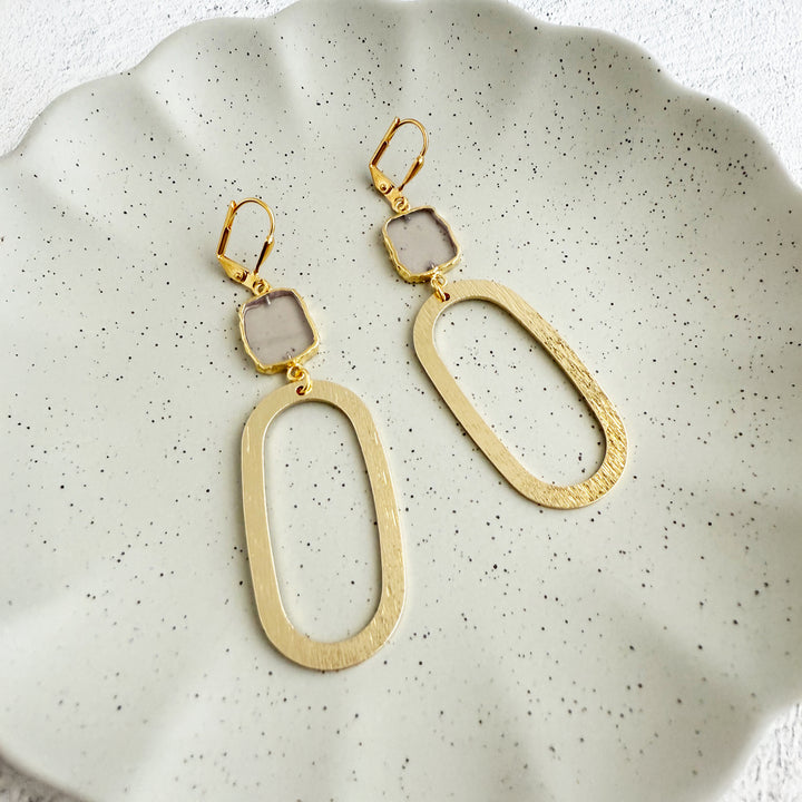 Pale Rose Quartz and Oval Earrings in Brushed Gold