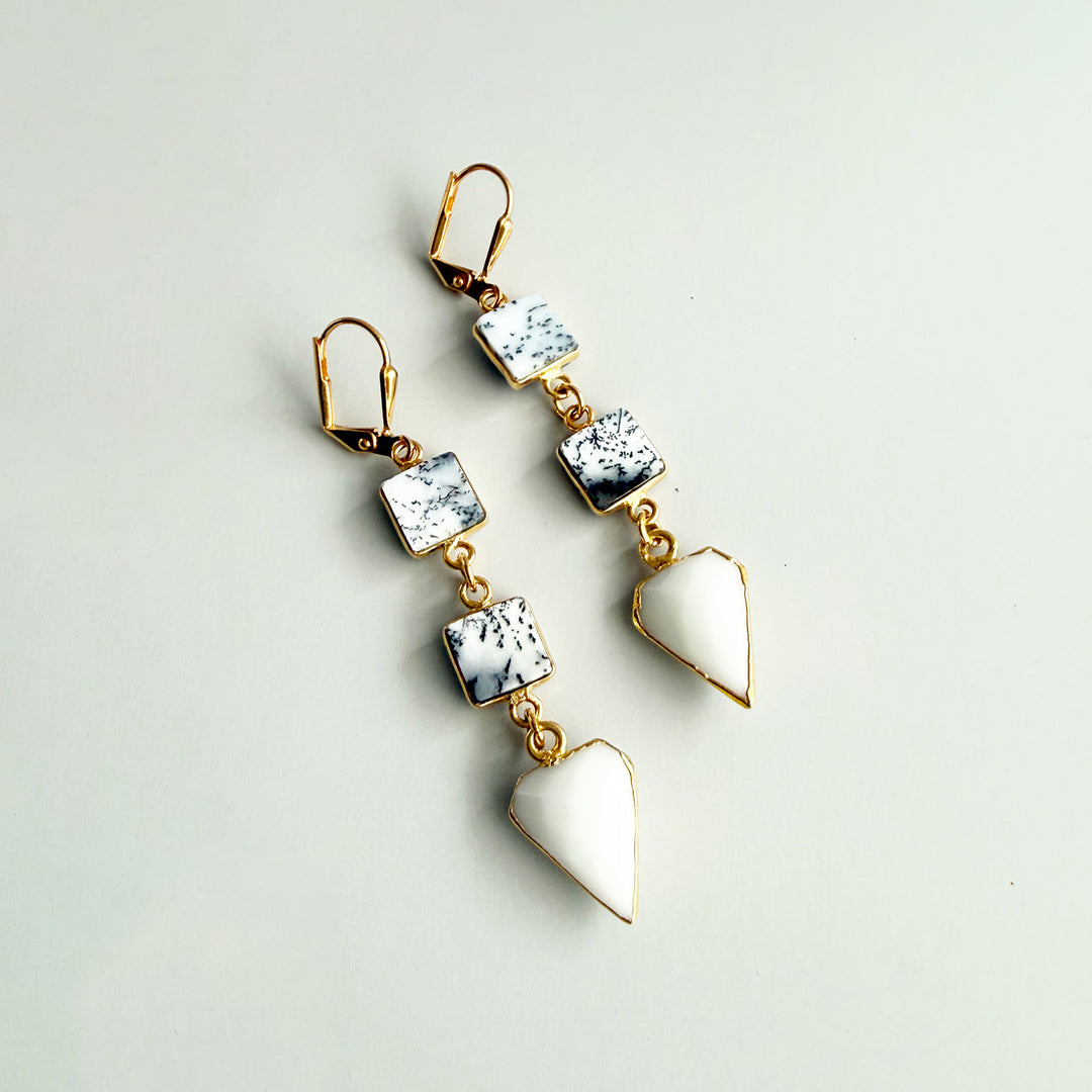 White Agate & Dendrite Opal Gemstone Drop Earrings in Gold
