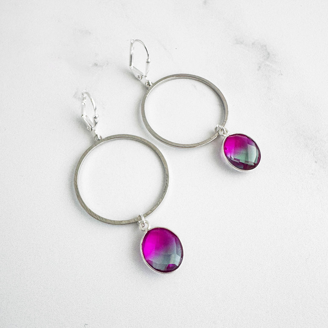 Pink Aura Quartz Hoop Dangle Earrings in Brushed Silver