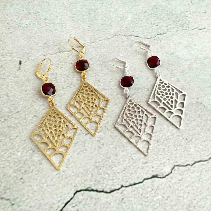 Garnet and Webbed Diamond Dangle Earrings