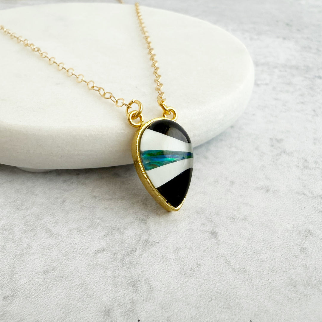Black Quartz and Opal Inverted Teardrop Bezel Necklace