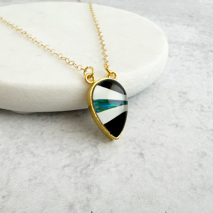 Black Quartz and Opal Inverted Teardrop Bezel Necklace