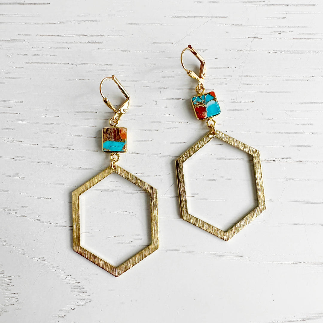 Turquoise Stone Hexagon Statement Earrings in Brushed Gold