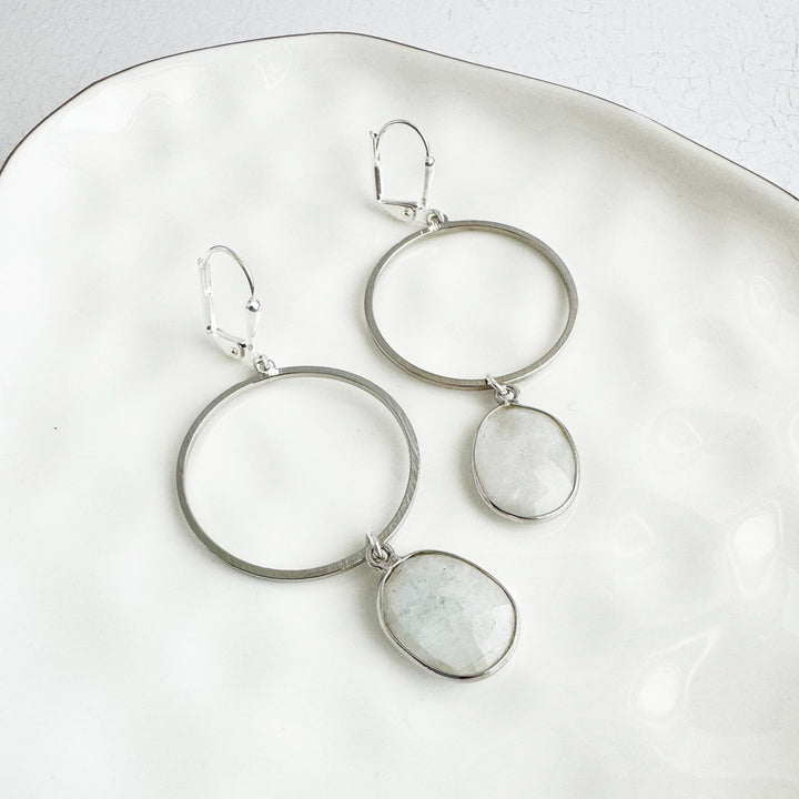 Moonstone Hoop Dangle Earrings in Brushed Silver