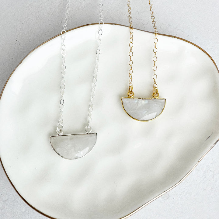 Small Moonstone Half Moon Crescent Necklace in Gold and Silver