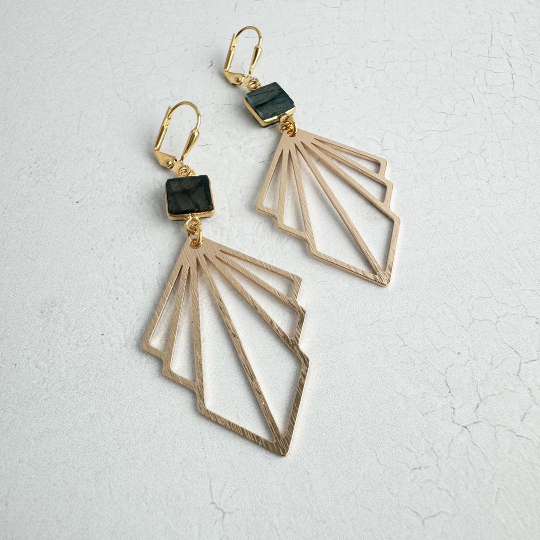 Brushed Fan and Labradorite Gemstone Statement Earrings in Silver and Gold