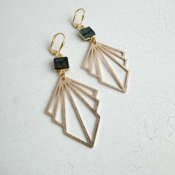 Brushed Fan and Labradorite Gemstone Statement Earrings in Silver and Gold