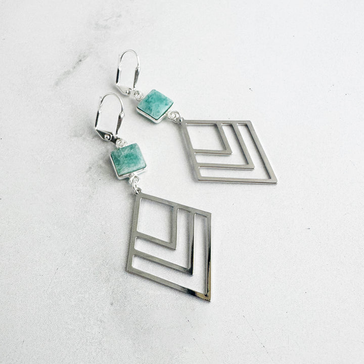 Amazonite and Layered Diamond Statement Earrings in Silver