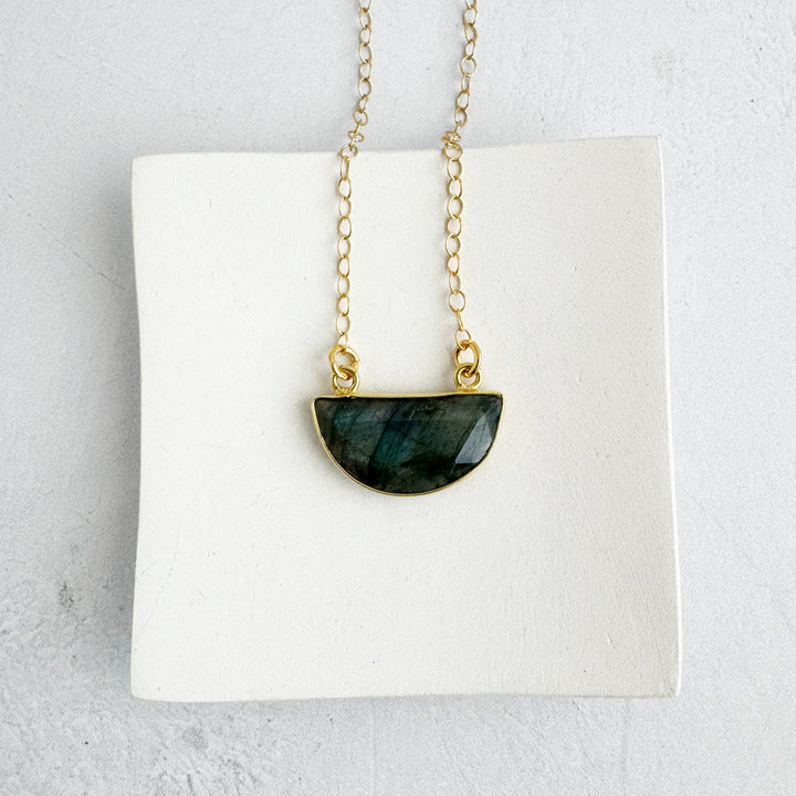 Small Labradorite Half Moon Crescent Necklace in Gold and Silver