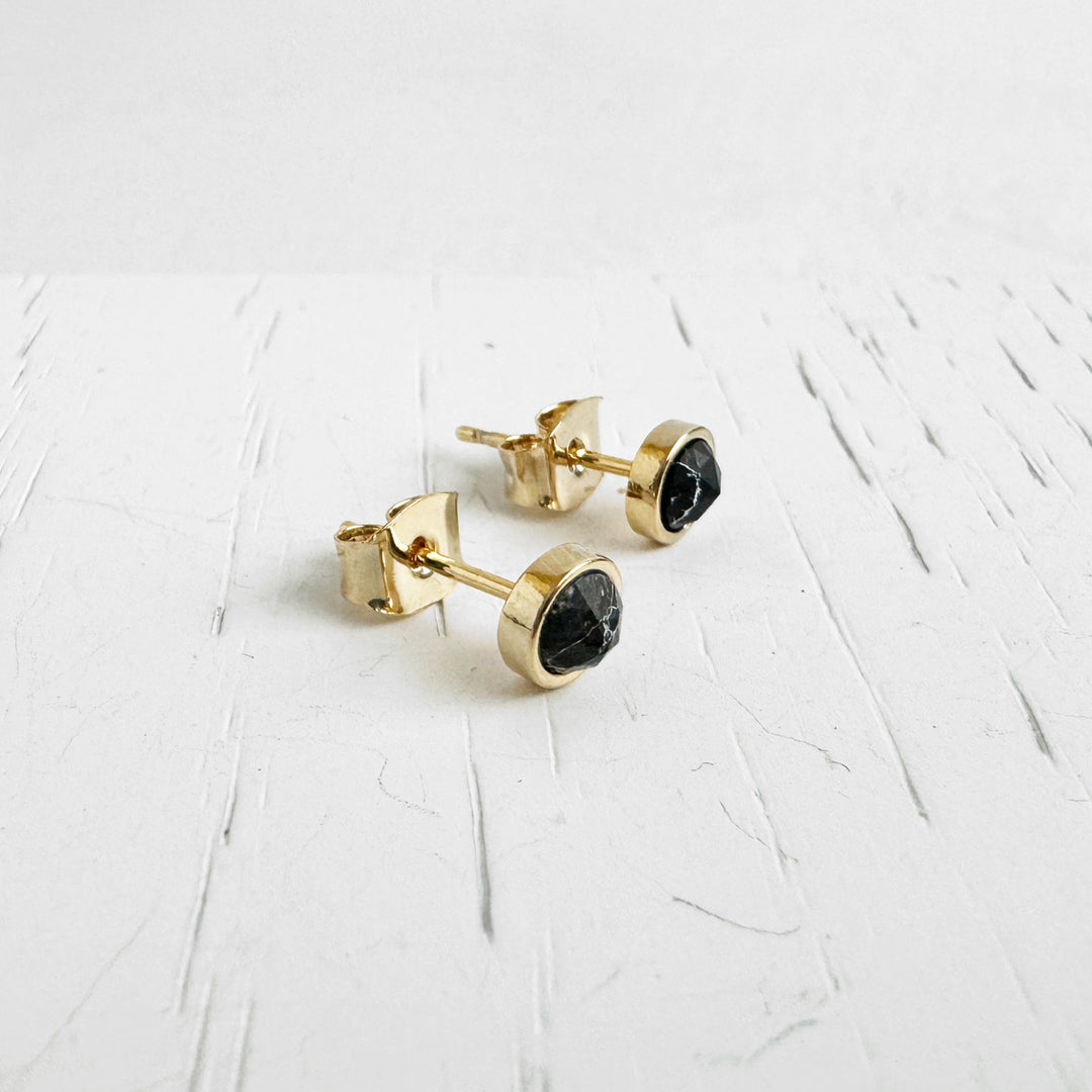 Black Howlite Dot Stud Earrings in Gold