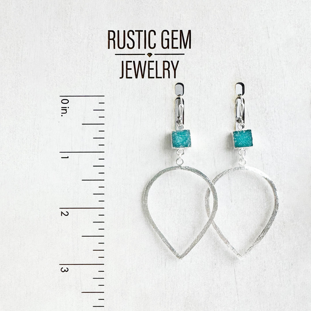 Teal Druzy Inverted Teardrop Earrings in Brushed Silver