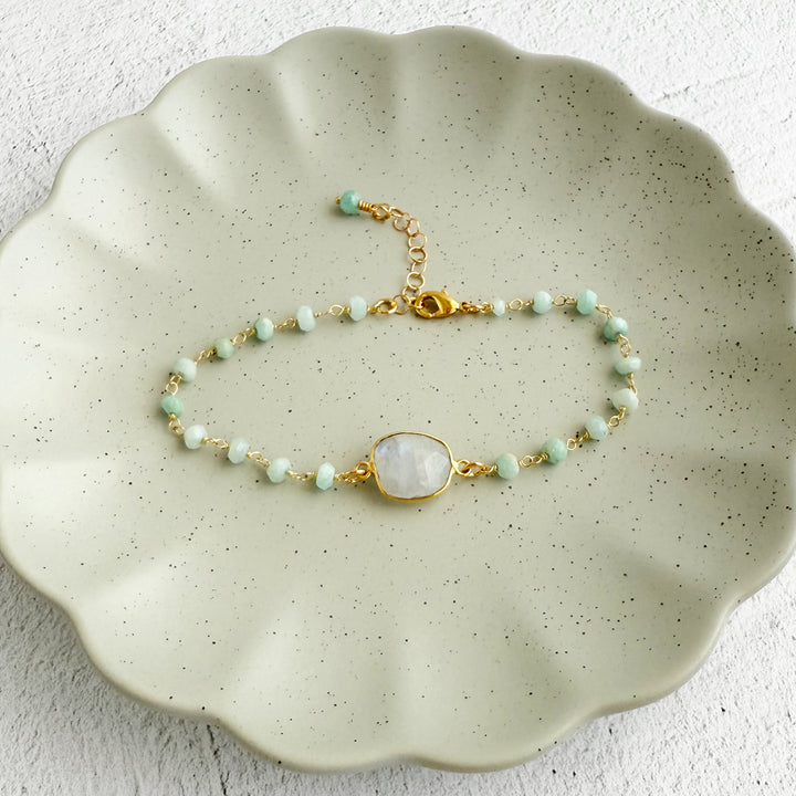 Moonstone and Amazonite Beaded Chain Bracelet in Gold