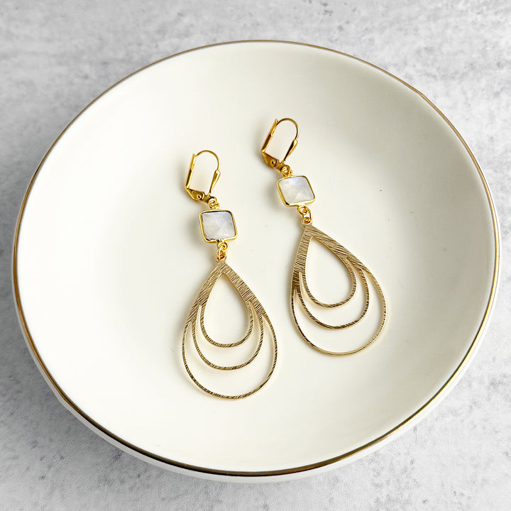 Moonstone and Multiple Teardrop Earrings in Brushed Gold