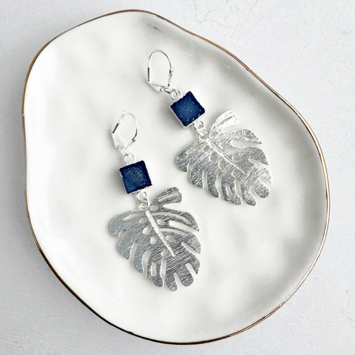 Indigo Blue Druzy and Monstera Earrings in Brushed Silver