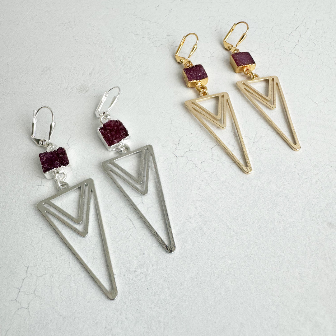 Burgundy Druzy and Layered Triangle Earrings in Brushed Silver or Gold