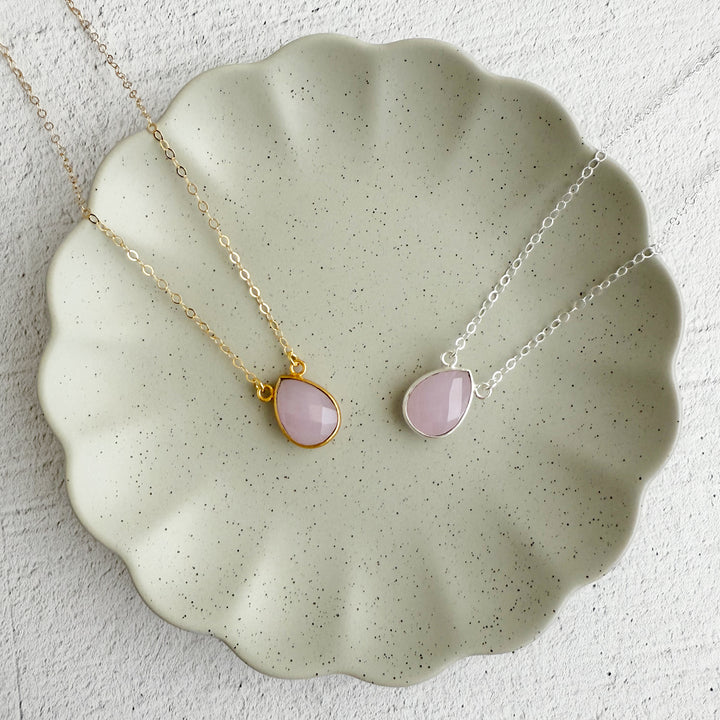 Rose Quartz Teardrop Bezel Necklace