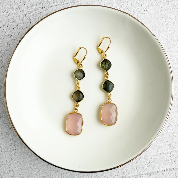 Long Gemstone Drop Earrings in Gold with Pink Chalcedony and Labradorite
