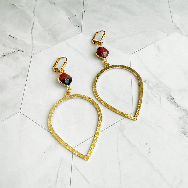 Rhodolite Inverted Teardrop Dangle Earrings in Brushed Gold
