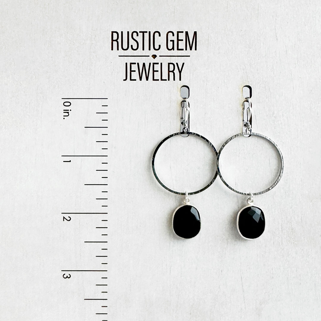 Black Onyx Hoop Dangle Earrings in Brushed Silver