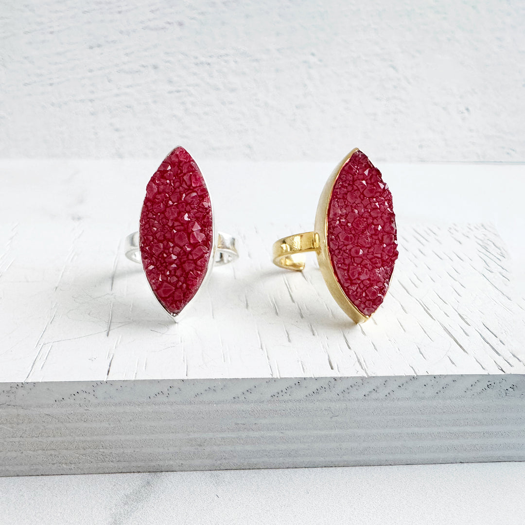 Red Druzy Marquise Statement Cocktail Ring. Silver or Gold Adjustable