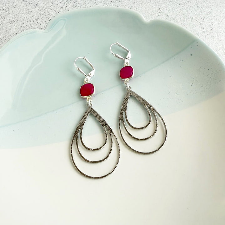Fuchsia Chalcedony and Multiple Teardrop Earrings in Brushed Silver